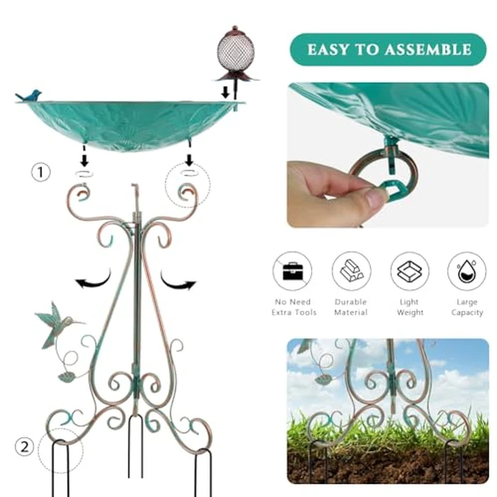 VEWOGARDEN Large Metal Bird Bath for Outside Garden Standing Birdbath with Feeder for Outdoors Yard Patio Lawn Decoration, Light Green by VEWOGARDEN - Image 4