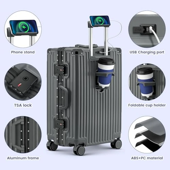 Faqy Z Carry On Luggage, 24 Inch Zipperless Luggage, Aluminum Frame Hardside Suitcase with TSA Lock, Spinner Wheels, Phone Holder, Charging Port, Cup Holder for Lightweight Travel, Grey by Faqy Z - Image 3