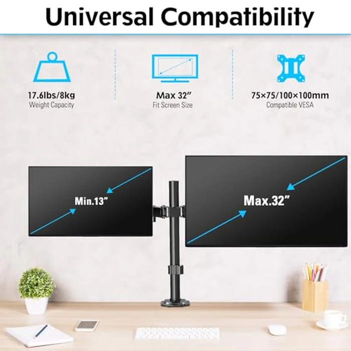 MOUNTUP Dual Monitor Desk Mount, Max 32 Inch up to 17.6lbs, Fully Adjustable Dual Monitor Arm for 2 LCD Screens, Double Monitor Stand with C-Clamp and Grommet Base by MOUNTUP - Image 5