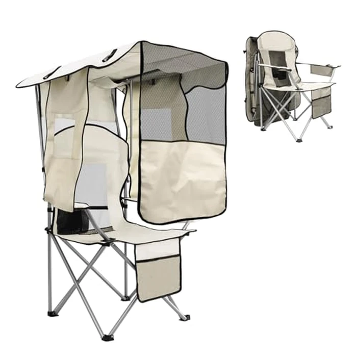 BDL Camping Chair with Canopy Shade Portable Folding Beach Chairs with Cooler, Mesh Backrest, Cup Holder, and Pocket for Camping, Fishing, Beach, and Sports,White by BDL - Used - Very Good condition