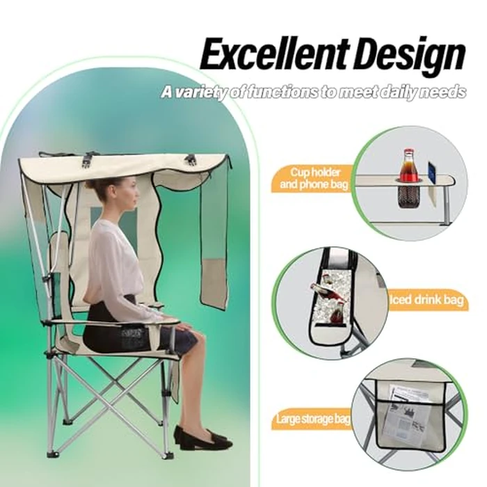 BDL Camping Chair with Canopy Shade Portable Folding Beach Chairs with Cooler, Mesh Backrest, Cup Holder, and Pocket for Camping, Fishing, Beach, and Sports,White by BDL - Image 3