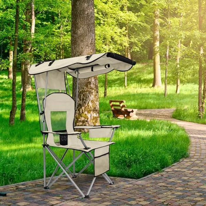 BDL Camping Chair with Canopy Shade Portable Folding Beach Chairs with Cooler, Mesh Backrest, Cup Holder, and Pocket for Camping, Fishing, Beach, and Sports,White by BDL - Image 4