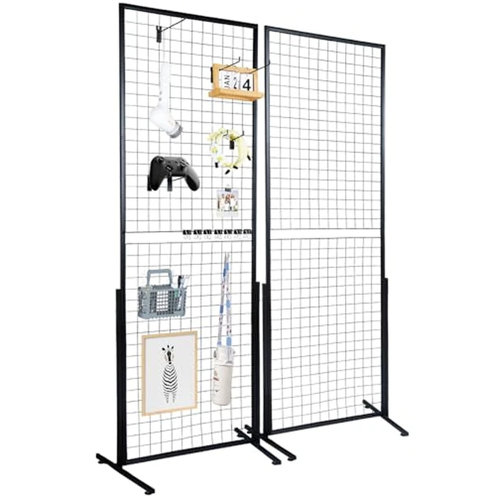 VEVOR 2' x 5.6' Grid Wall Panels Tower, 2 Packs Wire Gridwall Display Racks with T-Base Floorstanding, Double Side Gridwall Panels for Art Craft Shows, Retail Display with Extra Clips and Hooks by VEVOR - Used - Like New condition