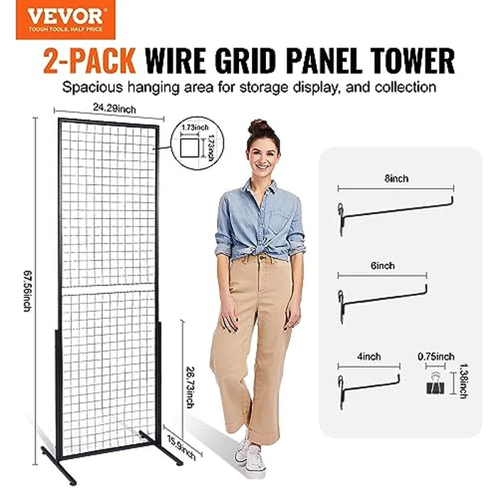 VEVOR 2' x 5.6' Grid Wall Panels Tower, 2 Packs Wire Gridwall Display Racks with T-Base Floorstanding, Double Side Gridwall Panels for Art Craft Shows, Retail Display with Extra Clips and Hooks by VEVOR - Image 2