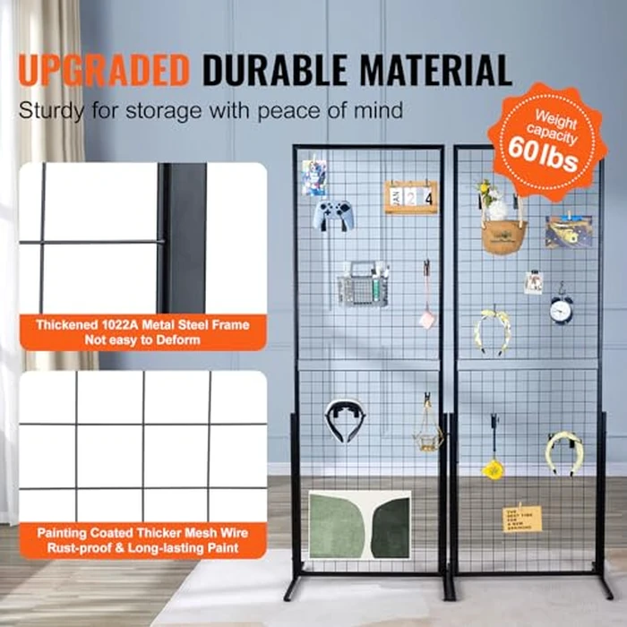 VEVOR 2' x 5.6' Grid Wall Panels Tower, 2 Packs Wire Gridwall Display Racks with T-Base Floorstanding, Double Side Gridwall Panels for Art Craft Shows, Retail Display with Extra Clips and Hooks by VEVOR - Image 3