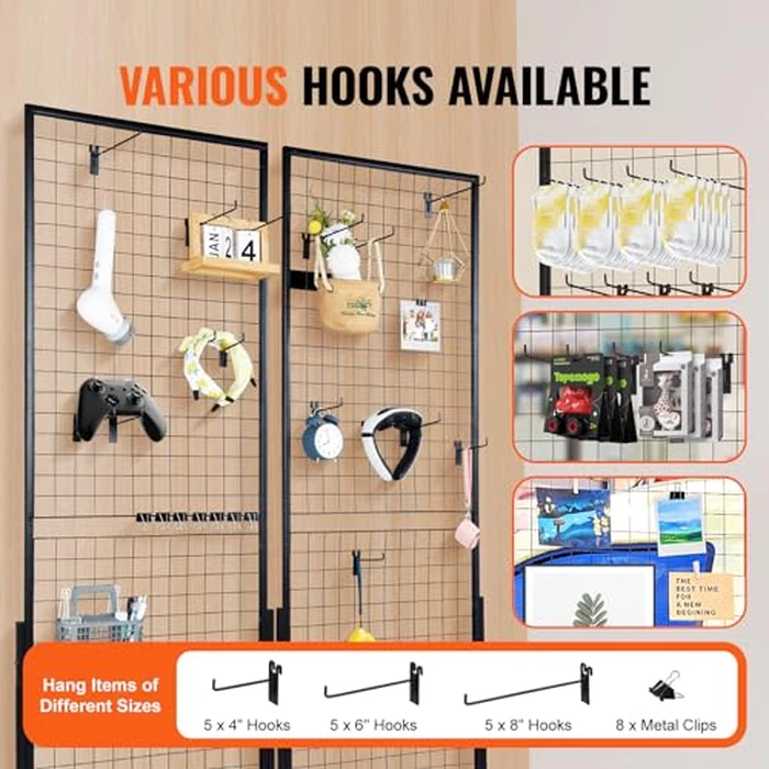 VEVOR 2' x 5.6' Grid Wall Panels Tower, 2 Packs Wire Gridwall Display Racks with T-Base Floorstanding, Double Side Gridwall Panels for Art Craft Shows, Retail Display with Extra Clips and Hooks by VEVOR - Image 4