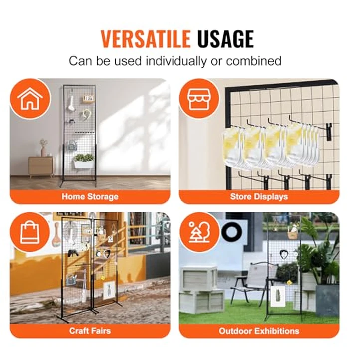 VEVOR 2' x 5.6' Grid Wall Panels Tower, 2 Packs Wire Gridwall Display Racks with T-Base Floorstanding, Double Side Gridwall Panels for Art Craft Shows, Retail Display with Extra Clips and Hooks by VEVOR - Image 6