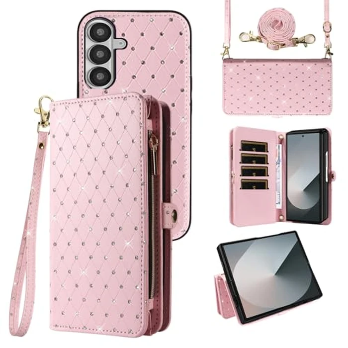 Asuwish Phone Case for Samsung Galaxy Z Fold 7 Zipper Detachable Wallet Cell Cover with Bling Crossbody Lanyard Strap Glitter Flip Card Holder Slot ZFold Z7 G Fold7 7Z Women Men Girls Pink by Asuwish - Used - Like New condition