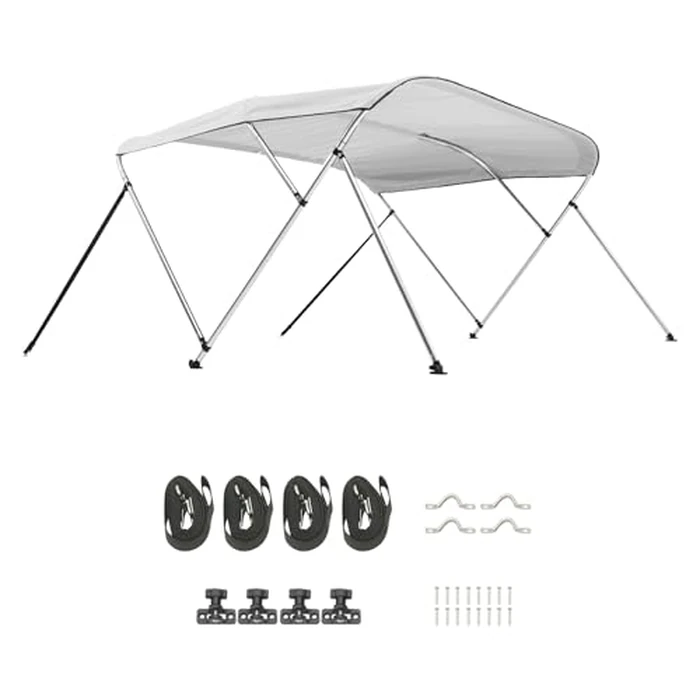 VEVOR 3 Bow Boat Bimini Tops, 600D Polyester Canopy with Aluminum Alloy Frame, Waterproof & Sun Shade Boat Awning Canopy with Storage Bag, 2 Support Poles, 4 Straps, 72"Lx(85"-90")Wx46"H, Light Grey by VEVOR - Image 2