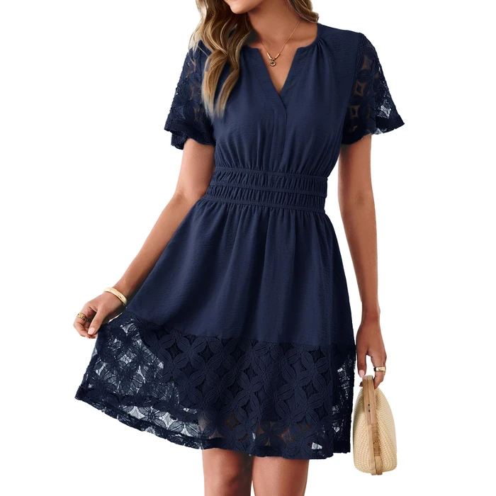 Simplee Womens Boho Summer Dresses Short Wedding Guest A Line V Neck Empire Waist Hollow Out Lace Flowy Mini Graduation Dress Navy Blue M by Simplee - Image 1