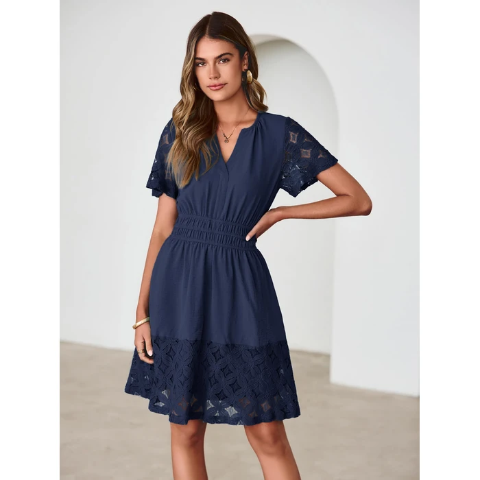 Simplee Womens Boho Summer Dresses Short Wedding Guest A Line V Neck Empire Waist Hollow Out Lace Flowy Mini Graduation Dress Navy Blue M by Simplee - Image 2