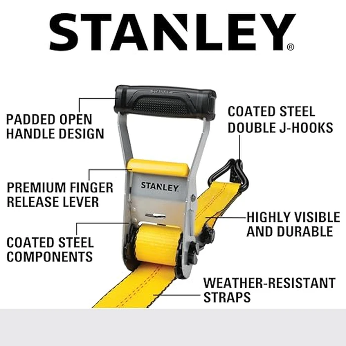 STANLEY S10000J Black/Yellow 2" x 27' Ratchet Strap with Double J-Hooks - 3,333 LBS Safe Working Load / 10,000 LBS Break Strength by STANLEY - Image 2