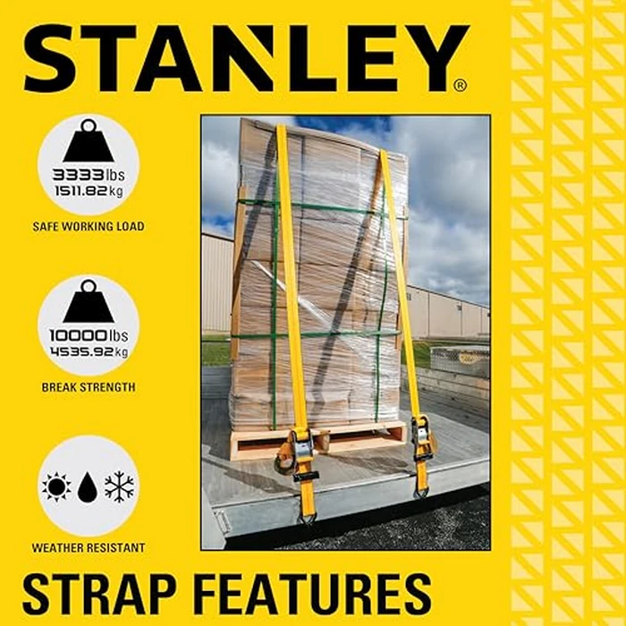 STANLEY S10000J Black/Yellow 2" x 27' Ratchet Strap with Double J-Hooks - 3,333 LBS Safe Working Load / 10,000 LBS Break Strength by STANLEY - Image 7