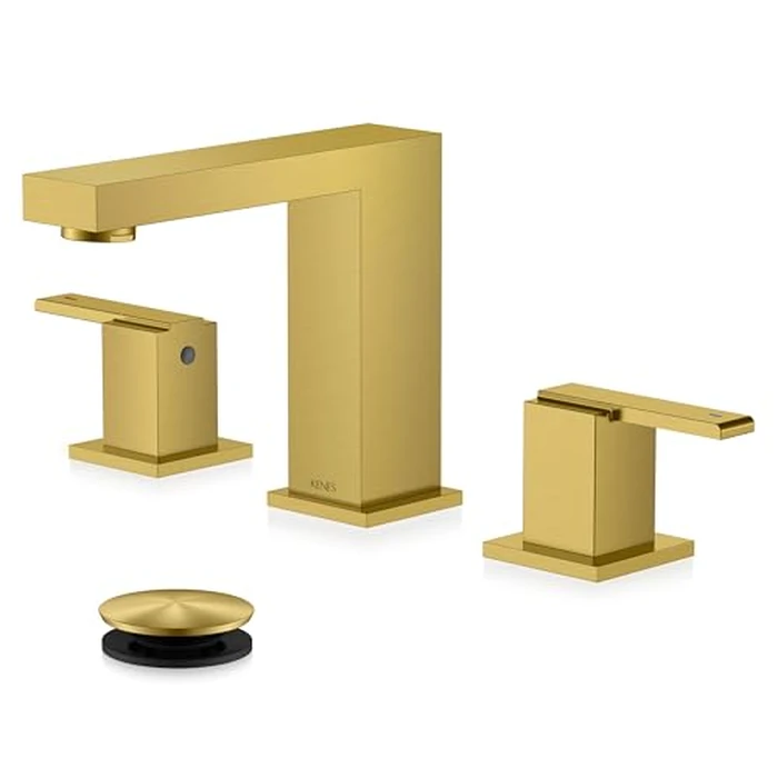 KENES Brushed Gold Widespread Bathroom Faucet 3 Hole Bathroom Sink Faucet Gold Two Handle, 8-Inch 3 Pieces Bathroom Vanity Faucet with Pop Up Drain & Supply Lines, KE-9050-4-P by KENES - Image 1