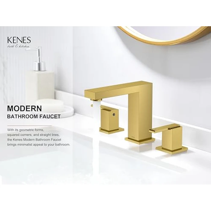 KENES Brushed Gold Widespread Bathroom Faucet 3 Hole Bathroom Sink Faucet Gold Two Handle, 8-Inch 3 Pieces Bathroom Vanity Faucet with Pop Up Drain & Supply Lines, KE-9050-4-P by KENES - Image 2