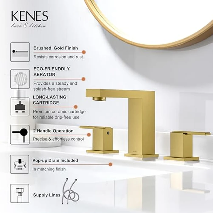 KENES Brushed Gold Widespread Bathroom Faucet 3 Hole Bathroom Sink Faucet Gold Two Handle, 8-Inch 3 Pieces Bathroom Vanity Faucet with Pop Up Drain & Supply Lines, KE-9050-4-P by KENES - Image 3