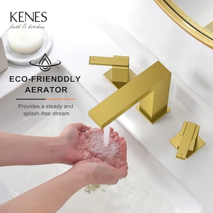 KENES Brushed Gold Widespread Bathroom Faucet 3 Hole Bathroom Sink Faucet Gold Two Handle, 8-Inch 3 Pieces Bathroom Vanity Faucet with Pop Up Drain & Supply Lines, KE-9050-4-P by KENES - Image 4