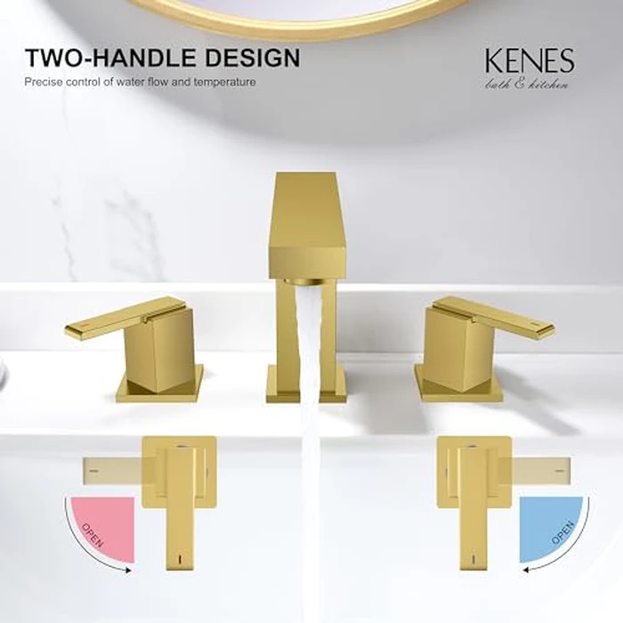 KENES Brushed Gold Widespread Bathroom Faucet 3 Hole Bathroom Sink Faucet Gold Two Handle, 8-Inch 3 Pieces Bathroom Vanity Faucet with Pop Up Drain & Supply Lines, KE-9050-4-P by KENES - Image 5