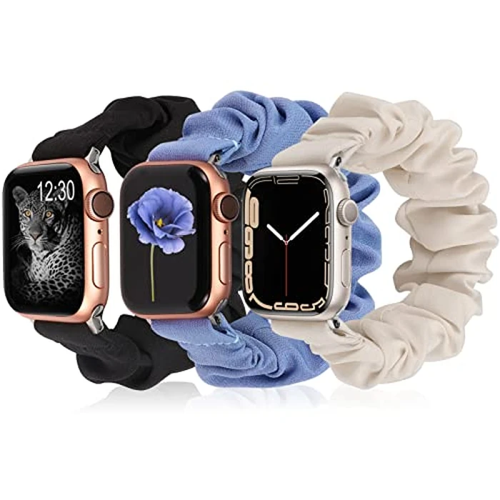 TOYOUTHS 3 Pack Compatible with Apple Watch Band Women Scrunchies 42/44/45/46/49mm Cute Stretchy Elastic Cloth Fabric Strap for iWatch Series 11 10 9 8 7 6 5 4 SE/Ultra 3 2 1, Starlight/Black/Blue, S by TOYOUTHS - Used - Like New condition - CA$15.56