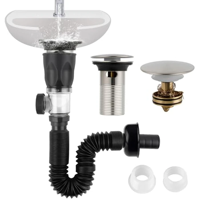 iFealClear Bathroom Sink Drain Kit, Flexible P-Trap Drain Pipe with Pop Up Stopper, Sink Pipe Replacement with 2 Adapters, Fits 1-1/4'', 1-1/2'', 2" Holes, Large Cover Cap, Brushed Nickel by iFealClear - Image 1