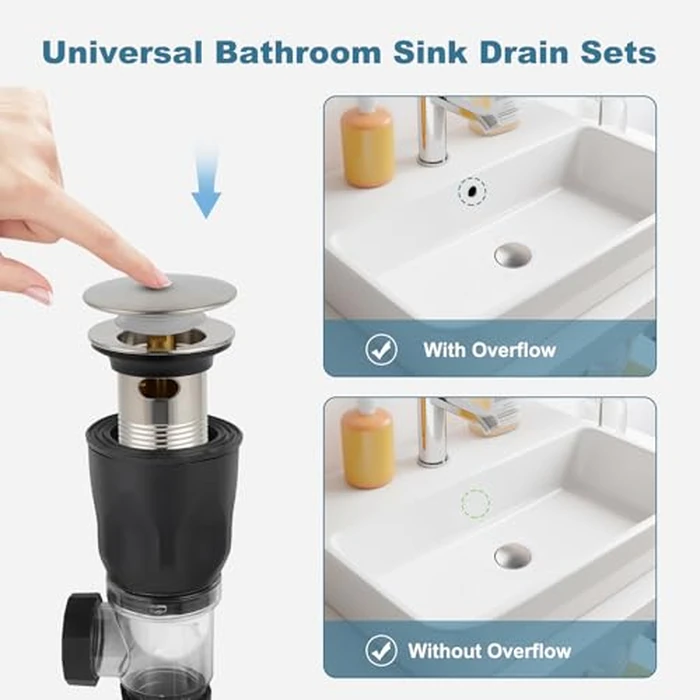 iFealClear Bathroom Sink Drain Kit, Flexible P-Trap Drain Pipe with Pop Up Stopper, Sink Pipe Replacement with 2 Adapters, Fits 1-1/4'', 1-1/2'', 2" Holes, Large Cover Cap, Brushed Nickel by iFealClear - Image 5