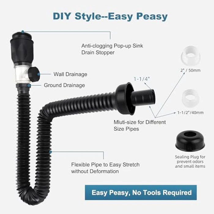 iFealClear Bathroom Sink Drain Kit, Flexible P-Trap Drain Pipe with Pop Up Stopper, Sink Pipe Replacement with 2 Adapters, Fits 1-1/4'', 1-1/2'', 2" Holes, Large Cover Cap, Brushed Nickel by iFealClear - Image 8