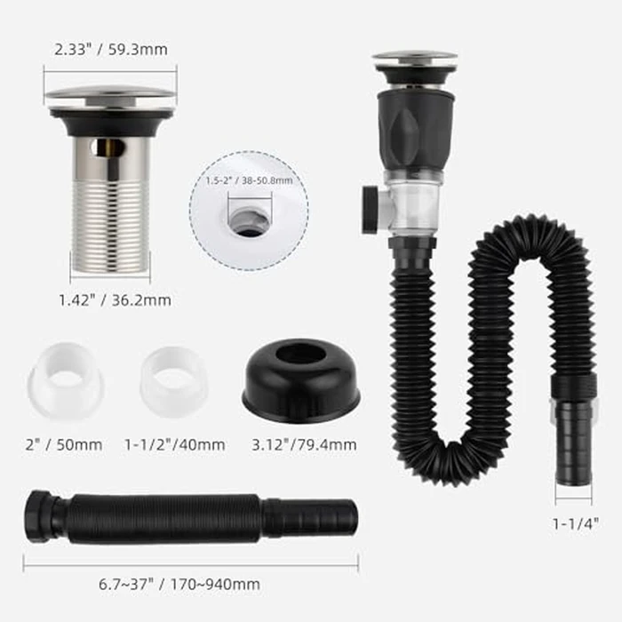 iFealClear Bathroom Sink Drain Kit, Flexible P-Trap Drain Pipe with Pop Up Stopper, Sink Pipe Replacement with 2 Adapters, Fits 1-1/4'', 1-1/2'', 2" Holes, Large Cover Cap, Brushed Nickel by iFealClear - Image 9