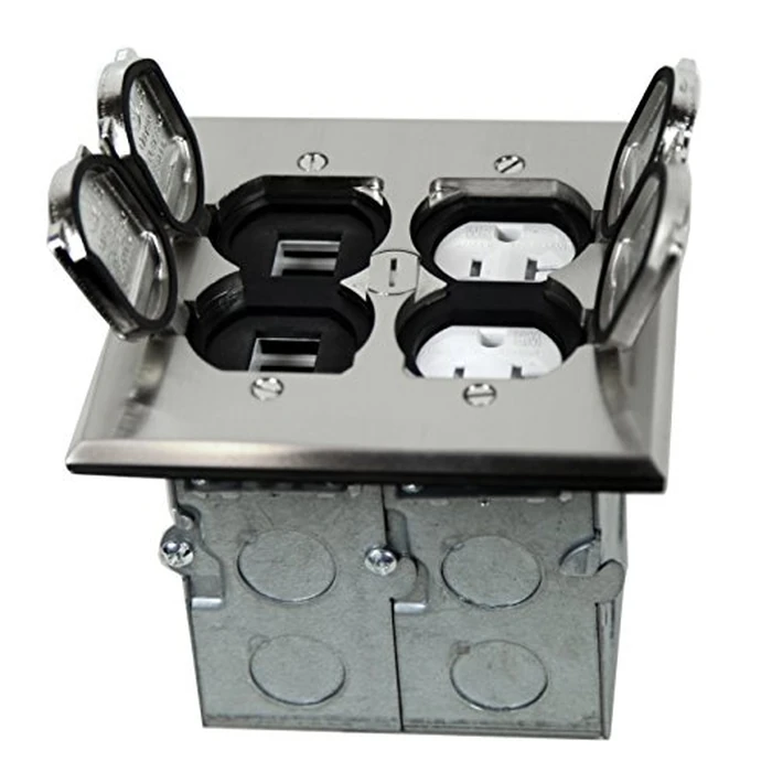 Enerlites 975549-S-D Nickel Plated Brass 2-Gang Floor Box Flip Open Assembly, 20A Tamper Weather Resistant Duplex Electrical Outlet, RJ45 Ready Data Ports, by ENERLITES - Used - Like New condition - US$45.50