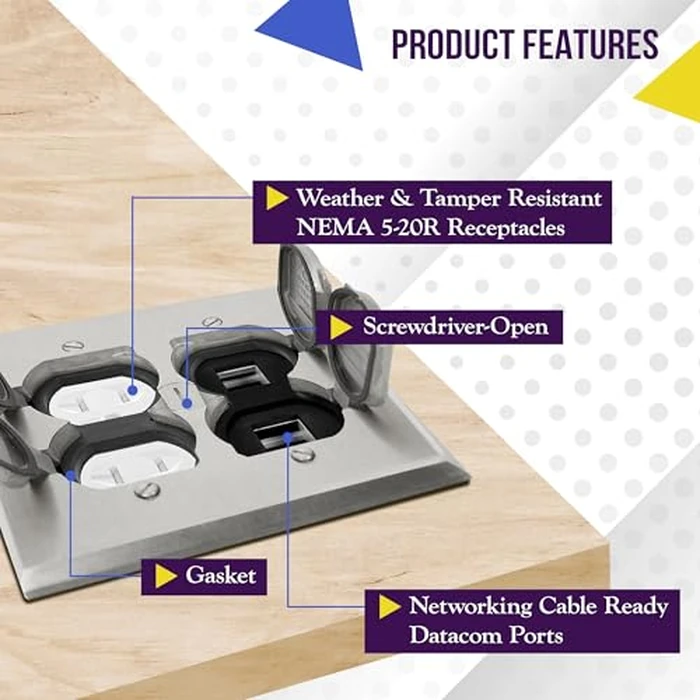 Enerlites 975549-S-D Nickel Plated Brass 2-Gang Floor Box Flip Open Assembly, 20A Tamper Weather Resistant Duplex Electrical Outlet, RJ45 Ready Data Ports, by ENERLITES - Image 2