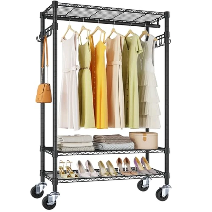 VIPEK R3 Heavy Duty Garment Rack with Lockable Wheels, Portable Rolling Closet with Adjustable Shelves & Hanging Rod & Side Hooks, Compact Space-Saving Storage for Small Apartments/Dorms (Black) by VIPEK - Used - Like New condition - US$79.99