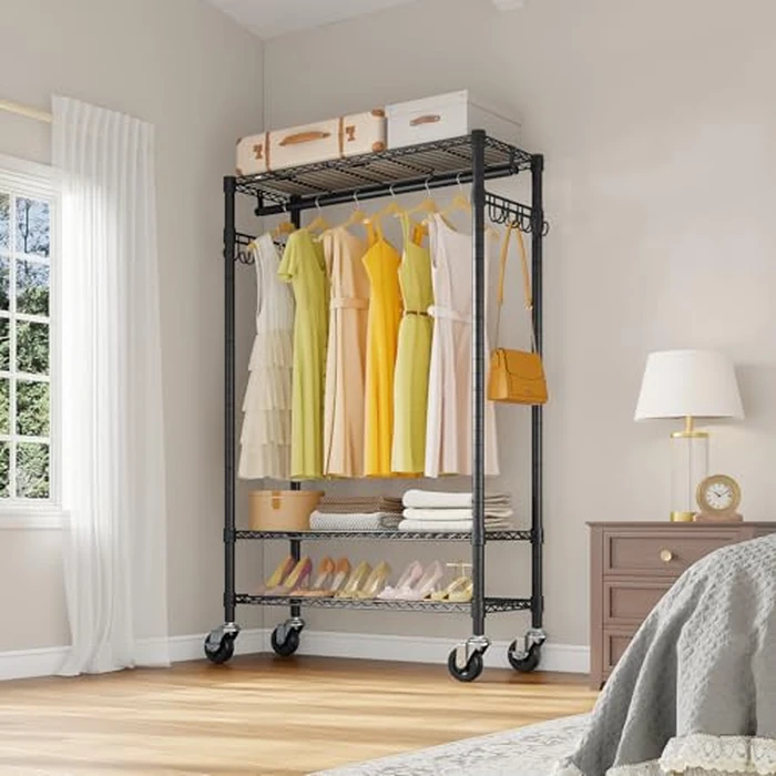 VIPEK R3 Heavy Duty Garment Rack with Lockable Wheels, Portable Rolling Closet with Adjustable Shelves & Hanging Rod & Side Hooks, Compact Space-Saving Storage for Small Apartments/Dorms (Black) by VIPEK - Image 2