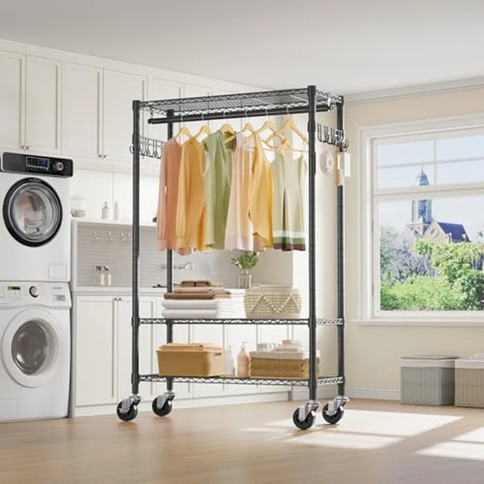 VIPEK R3 Heavy Duty Garment Rack with Lockable Wheels, Portable Rolling Closet with Adjustable Shelves & Hanging Rod & Side Hooks, Compact Space-Saving Storage for Small Apartments/Dorms (Black) by VIPEK - Image 3