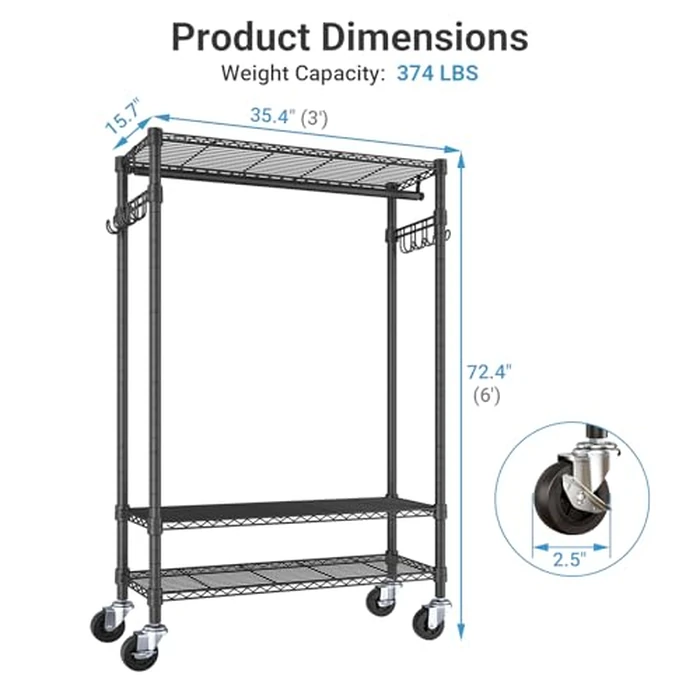 VIPEK R3 Heavy Duty Garment Rack with Lockable Wheels, Portable Rolling Closet with Adjustable Shelves & Hanging Rod & Side Hooks, Compact Space-Saving Storage for Small Apartments/Dorms (Black) by VIPEK - Image 5