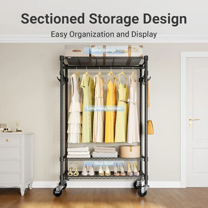 VIPEK R3 Heavy Duty Garment Rack with Lockable Wheels, Portable Rolling Closet with Adjustable Shelves & Hanging Rod & Side Hooks, Compact Space-Saving Storage for Small Apartments/Dorms (Black) by VIPEK - Image 6