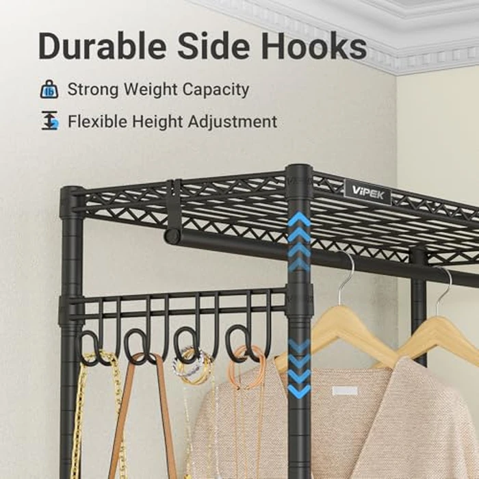 VIPEK R3 Heavy Duty Garment Rack with Lockable Wheels, Portable Rolling Closet with Adjustable Shelves & Hanging Rod & Side Hooks, Compact Space-Saving Storage for Small Apartments/Dorms (Black) by VIPEK - Image 7