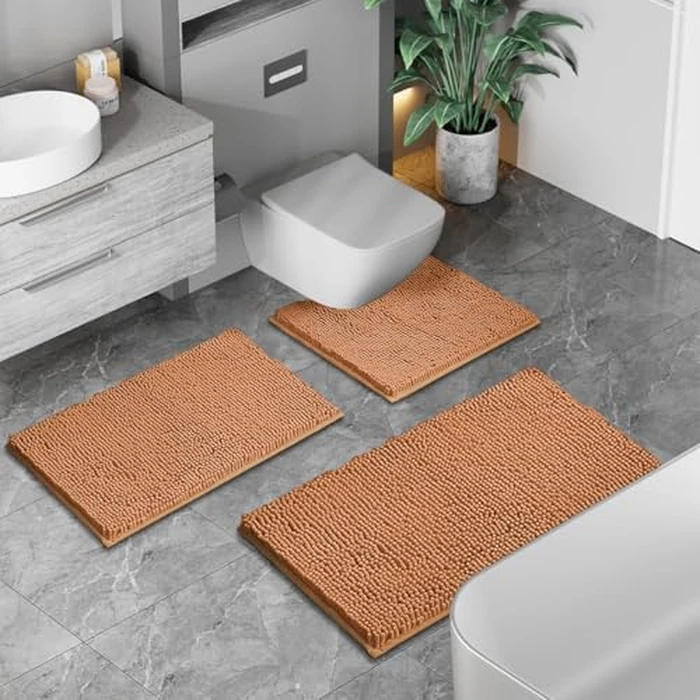 RUN HELIX Chenille Bathroom Rugs 3-Piece Set, Soft & Dry, Machine Washable, Non-Slip, Extra Absorbent, Shaggy, U-Shape, 16'x24', 20'x20', 20'x32', Mustard Yellow by RUN HELIX - Image 3