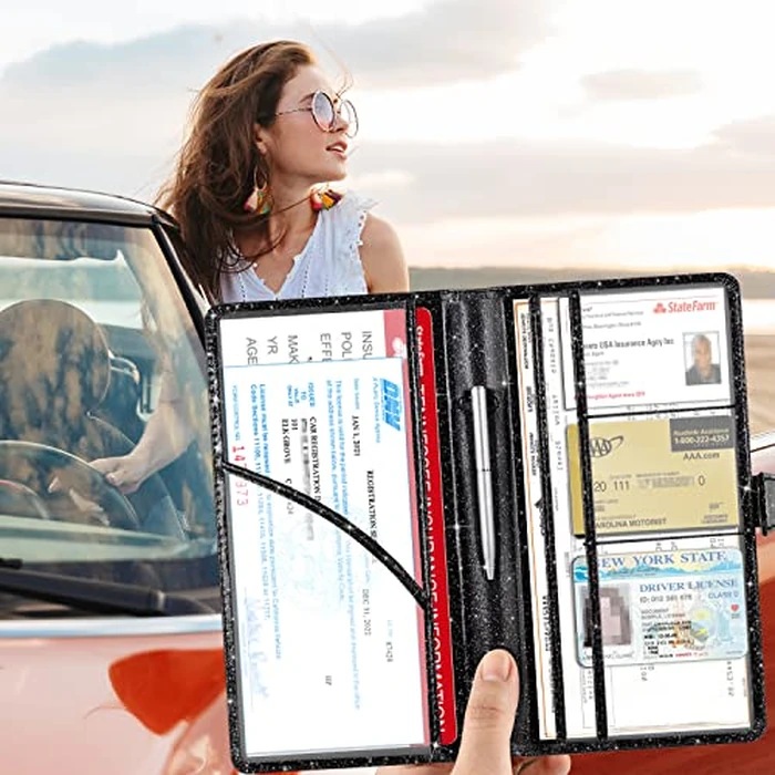 RSAquar Car Registration and Insurance Holder, Vehicle Glove Box Organizer Cool Car Accessories, Auto Truck Document Holder for Cards, Driver License, Black Glitter by RSAquar - Image 8