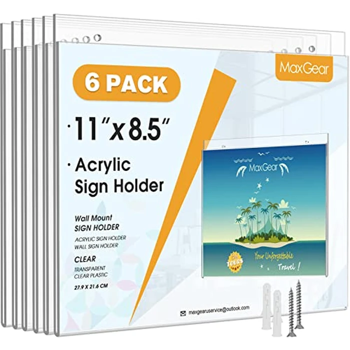 MaxGear Wall Mount Sign Holder, 8.5x11 inches Acrylic Sign Holder with Mounting Screws, Plastic Sign Holder Clear Acrylic Picture Frame for Home, Office, Store, Restaurant, Landscape 6 Pack by MaxGear - Used - Acceptable condition - CA$21.54