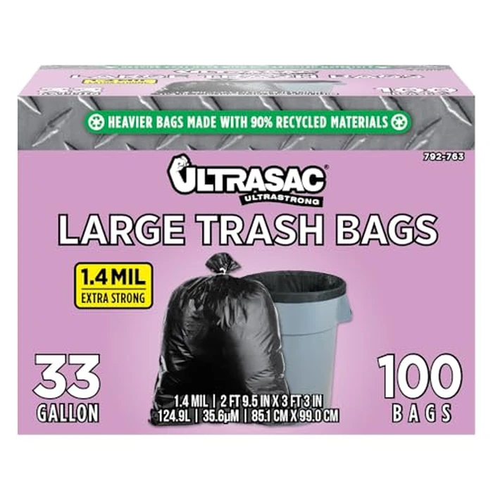 Ultrasac 33 Gallon Trash Bags - (Huge 100 Pack/w Ties) - 39" x 33" Heavy Duty Large Professional Quality Black Garbage Bags - Extra Strong Plastic Trashbags for Home, Kitchen, Lawn, and Other by Ultrasac - Used - Very Good condition - US$20.85