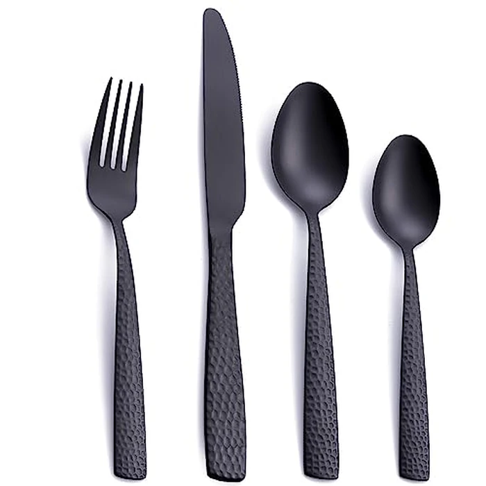 Matte Black 24 Pcs Silverware Flatware Set of 6, FULLYWARE Stainless Steel Hammered Tableware Cutlery Set, Includes Fork Spoon Knife for Home Kitchens, Dishwasher Safe by FULLYWARE - Used - Like New condition