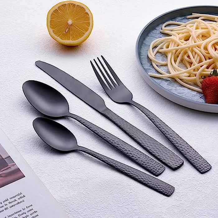 Matte Black 24 Pcs Silverware Flatware Set of 6, FULLYWARE Stainless Steel Hammered Tableware Cutlery Set, Includes Fork Spoon Knife for Home Kitchens, Dishwasher Safe by FULLYWARE - Image 2