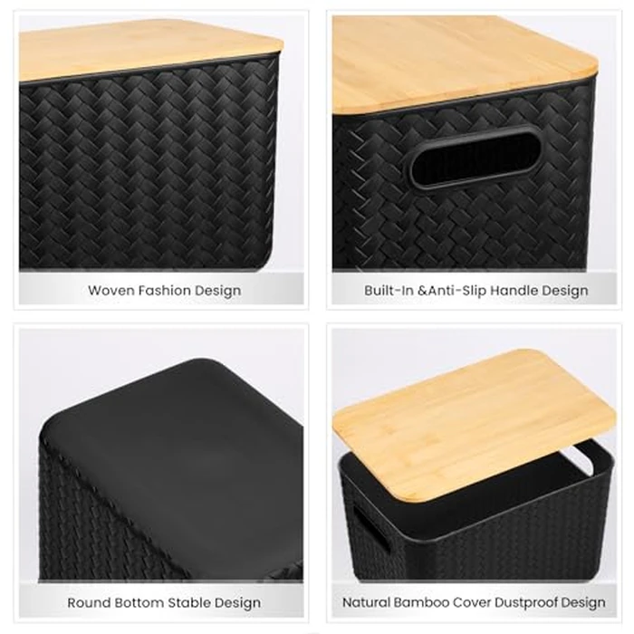 Ohmlove 4 Packs Storage Bins with Bamboo Lids - Plastic Storage Containers with Lids Stackable Storage Box: Storages Baskets for Organizing Desktop Closet Playroom Classroom Office, Black by Ohmlove - Image 3