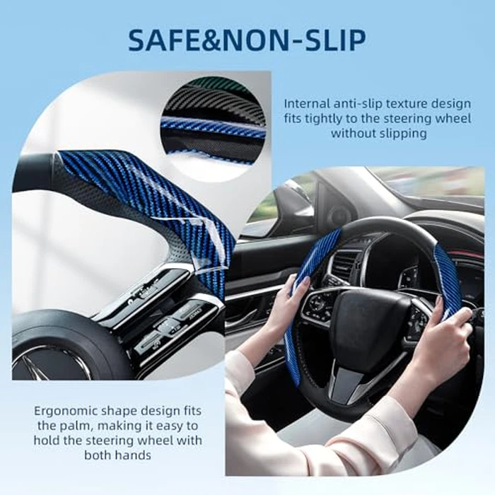 Carbon Fiber Steering Wheel Cover with Anti-Slip Lining and Segmented Design 2pcs Universal Steering Wheel Protector for Men and Women, Car Interior Accessory (Blue) by RYCELYSIAN - Image 4