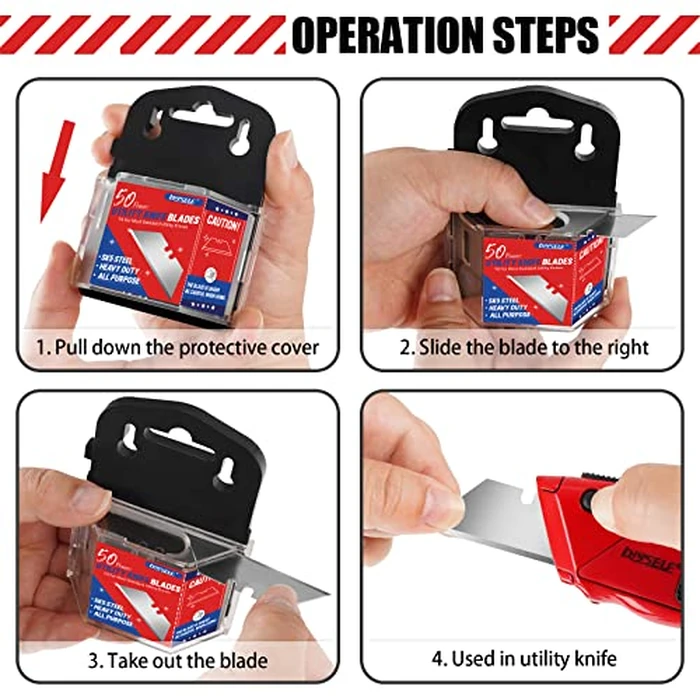 DIYSELF 50 Pack Utility Knife Blades, SK5 Steel Box Cutter Blades with Dispenser, Standard Blades for Box Cutter Utility Knife Replacement, Sharper Utility Blade, Refills by DIYSELF - Image 4