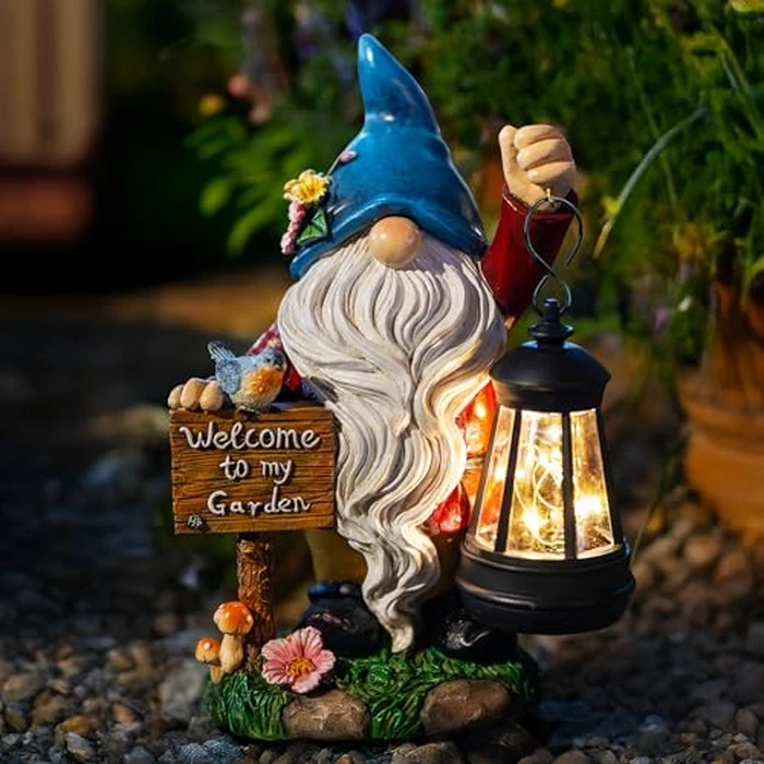 ZQQLITE Garden Gnome Statues Figurine Lights - Solar Powered Lighting Outdoor Decorations with Lantern & Welcome Sign, Yard Art Lawn Ornaments for Porch Patio Balcony - Gnome Gifts for Women Mom by ZQQLITE - Used - Like New condition