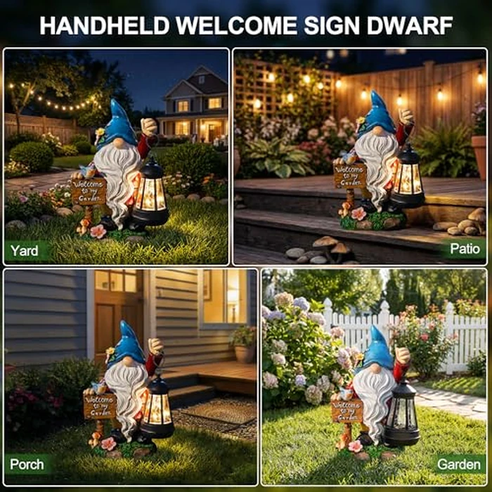 ZQQLITE Garden Gnome Statues Figurine Lights - Solar Powered Lighting Outdoor Decorations with Lantern & Welcome Sign, Yard Art Lawn Ornaments for Porch Patio Balcony - Gnome Gifts for Women Mom by ZQQLITE - Image 2