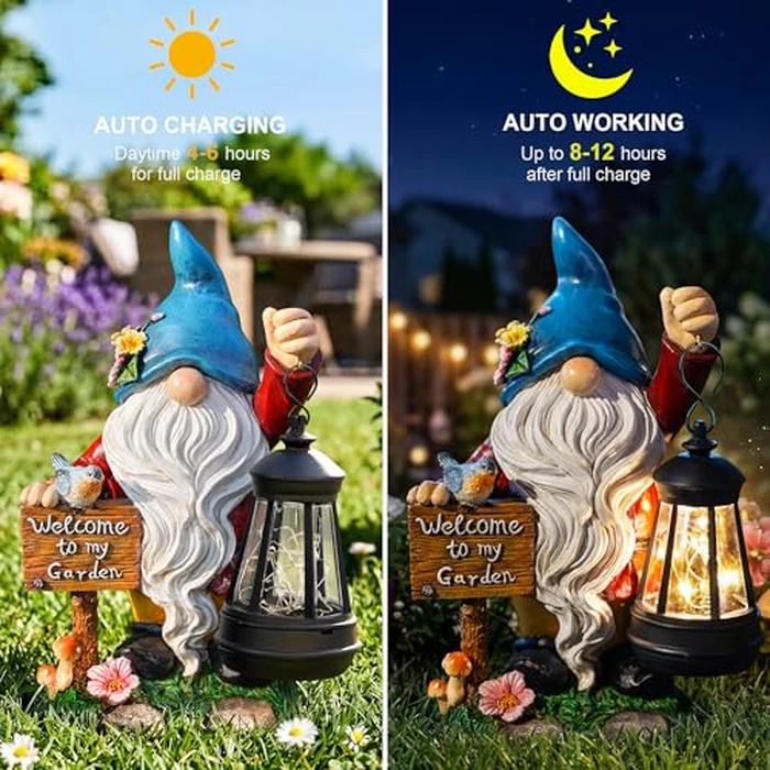 ZQQLITE Garden Gnome Statues Figurine Lights - Solar Powered Lighting Outdoor Decorations with Lantern & Welcome Sign, Yard Art Lawn Ornaments for Porch Patio Balcony - Gnome Gifts for Women Mom by ZQQLITE - Image 3