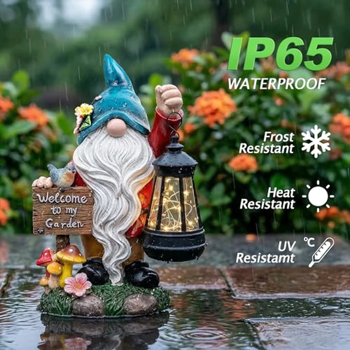 ZQQLITE Garden Gnome Statues Figurine Lights - Solar Powered Lighting Outdoor Decorations with Lantern & Welcome Sign, Yard Art Lawn Ornaments for Porch Patio Balcony - Gnome Gifts for Women Mom by ZQQLITE - Image 4