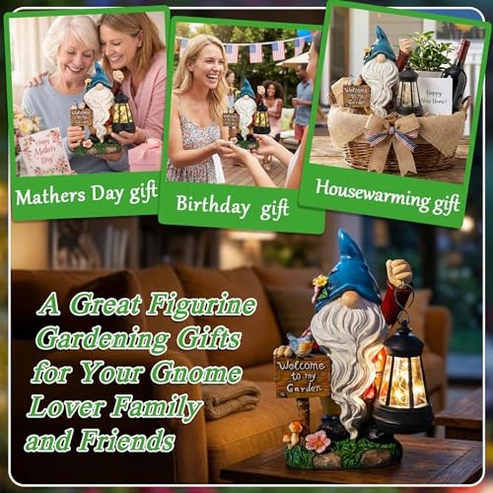 ZQQLITE Garden Gnome Statues Figurine Lights - Solar Powered Lighting Outdoor Decorations with Lantern & Welcome Sign, Yard Art Lawn Ornaments for Porch Patio Balcony - Gnome Gifts for Women Mom by ZQQLITE - Image 5