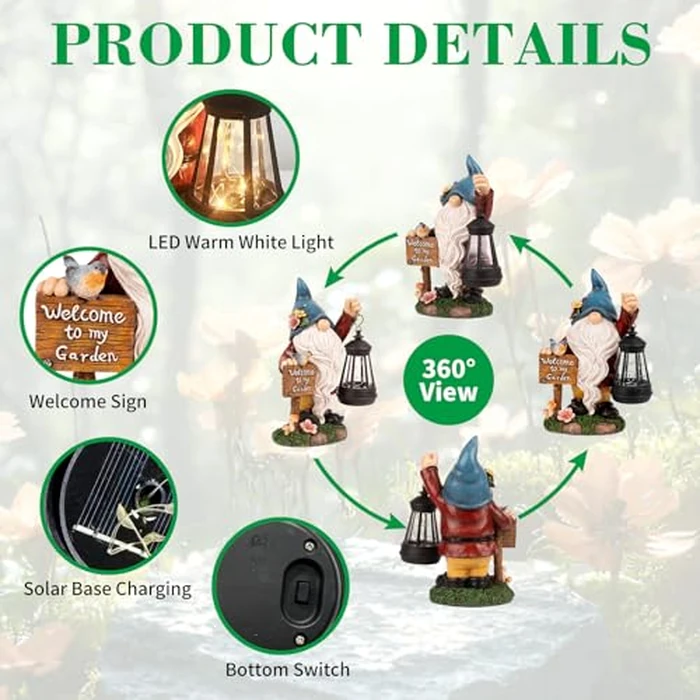 ZQQLITE Garden Gnome Statues Figurine Lights - Solar Powered Lighting Outdoor Decorations with Lantern & Welcome Sign, Yard Art Lawn Ornaments for Porch Patio Balcony - Gnome Gifts for Women Mom by ZQQLITE - Image 6